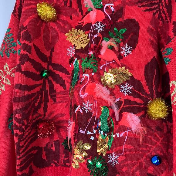33 Degrees | Ugly Christmas Sweater Flamingo Bell Tropical Holiday Womens Medium - Picture 6 of 7